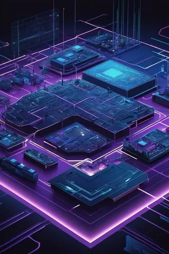 Modern, sleek, futuristic, digital background, complex network architecture diagram, multiple screens, servers, routers, databases, cloud storage, intricate cables, wires, circuit boards, neon lights,