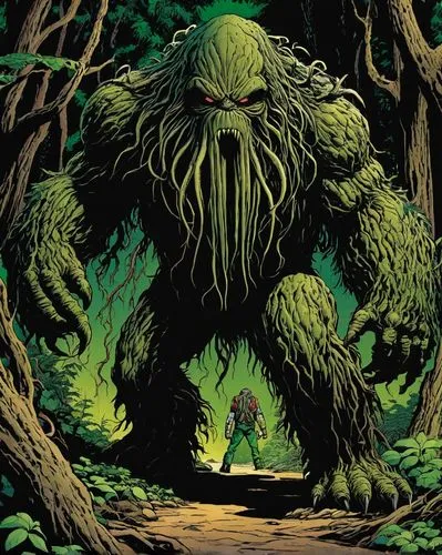 sasquatch,cthulhu,gorgonians,greenman,swampy,mughul,tree man,bigfoot,treebeard,ragman,corben,fangorn,skaar,forest man,mandragora,hastula,slimer,luarsab,patrol,kamandi,Illustration,American Style,American Style 14