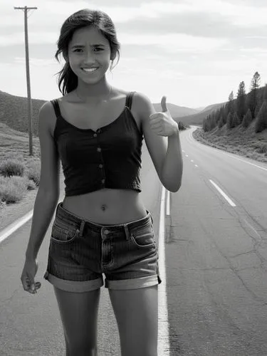 B&W high res photo: A poor-looking young woman stands at the side of the road with her thumb up, hitchhiking.,a pretty woman posing while riding on a skateboard,hitchhike,backroads,hitchhiking,hitchhi