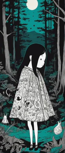 Craft a mysterious narrative where Sui Ishida encounters a supernatural phenomenon in a secluded forest.,book illustration,the night of kupala,shirakami-sanchi,ghost girl,the girl in nightie,girl with