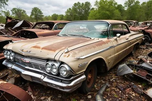 (High quality image), ((HD clarity)), (Sunlight) 1960 Chevrolet Impala Dead Car Graveyard,salvage yard,car cemetery,junk yard,old abandoned car,rusty cars,junkyards,scrapyard,junkyard,scrap car,scrap 