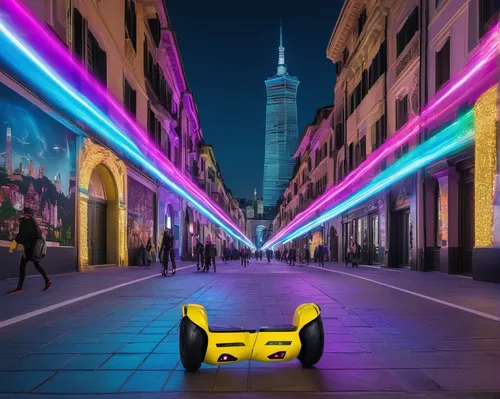 Imagine a futuristic city where hoverboards are the norm, and people zip through the sky with trailing tails of colorful lights.,electric scooter,neon arrows,electric sports car,electric mobility,e-sc