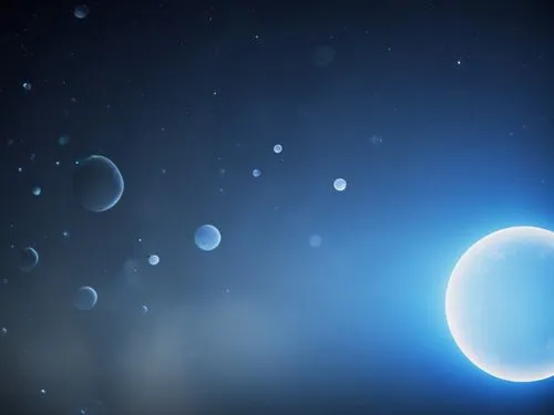 alien romulus,the planets are illuminated in this image with sunlight,blue spheres,frozen bubble,frozen soap bubble,superfluid,spheres,ice bubble