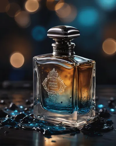 A poetic vision of perfume, enveloped in waves of dark charcoal and light azure, with ink splatters, literature core vibes, hues of dark parchment and light inkwell, drawing inspiration from the writi