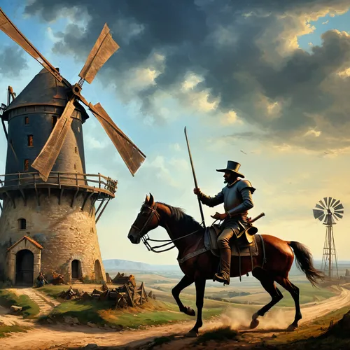 don quixote,windmill,the windmills,dutch windmill,windmills,dutch landscape,old windmill,historic windmill,ballet don quijote,game illustration,wind mill,windmill gard,french digital background,western riding,fantasy picture,man and horses,the netherlands,fantasy art,wind mills,witcher,Photography,General,Fantasy