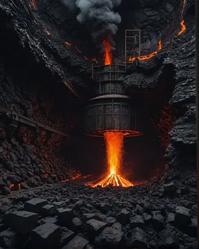 furnace, smelting, lava, giant interior, infinite space, high in the sky, industries,a coal mine is lit up with flames and lava,charcoal kiln,jharia,lava,nyiragongo,active coal,volcanism,Photography,D