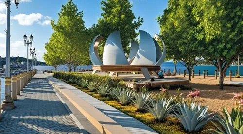 the sculpture is next to the water with many trees and shrubs,mangalia,pendik,sivalik,alexandroupoli,vlora,tekirdag,Photography,General,Realistic