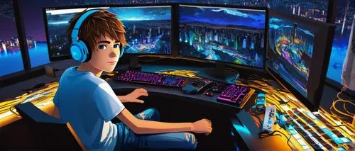 Roblox avatar, young boy, 12yo, messy brown hair, bright blue eyes, casual clothing, white graphic t-shirt, ripped blue jeans, black and white sneakers, sitting, gaming desk, multiple monitors, keyboa