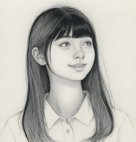 女孩，白色衬衫，黑色长发，黑白,a girl with long hair and bangs smiling,sumiala,girl portrait,girl drawing,nanako,akimoto,emiri,Illustration,Black and White,Black and White 13