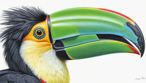 toucan, toucans, keel-billed toucan, keel billed toucan, green, yellow, black, face, close-up, close up, profile, side view, bird, birds, colored pencil, colored pencils, coloured pencil, coloured pen