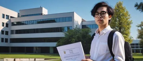 Modern architecture student, holding degree certificate, young adult, (22yo), glasses, neat hair, light makeup, white shirt, black trousers, loafers, backpack, standing, university campus, modern buil