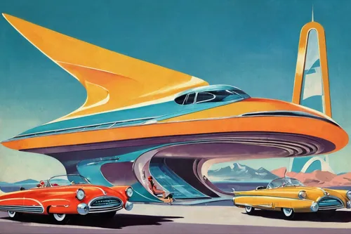 futuristic car,atomic age,tail fins,flying saucer,starship,futuristic architecture,ford contour,futuristic art museum,ford starliner,futuristic landscape,supersonic transport,chrysler concorde,edsel,spaceship space,edsel citation,ufos,edsel bermuda,space ships,spaceship,space tourism,Illustration,Retro,Retro 12