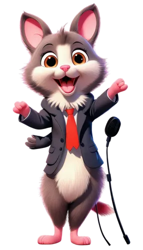 Cartoon squeaker, round body, white belly, bright red nose, small eyes, fluffy ears, soft pink paws, shiny fur, sparkling eyes, holding microphone, standing on hind legs, dynamic pose, colorful backgr