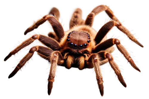 Tarantula, close-up, detailed legs, vibrant brown body, fuzzy abdomen, eight beady eyes, sharp fangs, realistic texture, softbox lighting, 3/4 composition, shallow depth of field, warm color tone.,bab