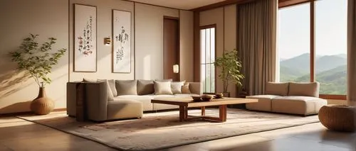 japanese-style room,living room,livingroom,sitting room,modern living room,3d rendering,ryokan,modern room,home interior,interior modern design,minotti,bamboo curtain,wooden windows,tatami,interior decoration,interior decor,apartment lounge,modern decor,furnishings,ikebana,Illustration,Realistic Fantasy,Realistic Fantasy 12