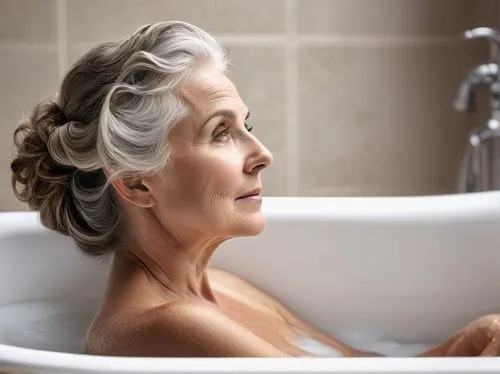 beautyful elegant 40 ye old women in in a bathtub side view,management of hair loss,bathtub,menopause,bathtub accessory,the girl in the bathtub,anti aging,bath oil,bath soap,bath with milk,elderly lad