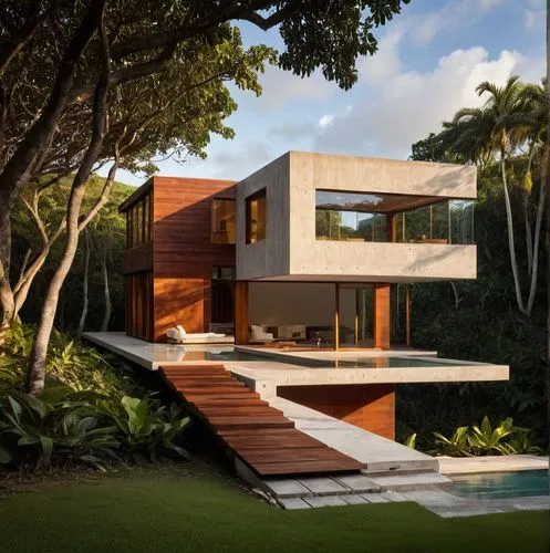 modern tropical case study house architecture, Puerto Rico, meditation architecture of brazilian architect Marcio Kogan, modern, realistic, corten steel, concrete, wood, award winning perspective, raw