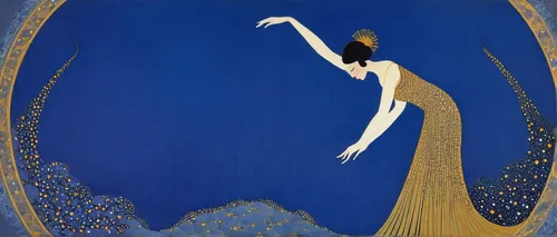 majorelle blue,art deco woman,art nouveau,rem in arabian nights,arabesque,art nouveau design,constellation swan,art deco,ball (rhythmic gymnastics),mazarine blue,rusalka,swan lake,morbier,fantasia,dancer,ethel barrymore - female,charlotte cushman,hoop (rhythmic gymnastics),jasmine blue,asher durand,Illustration,Retro,Retro 26