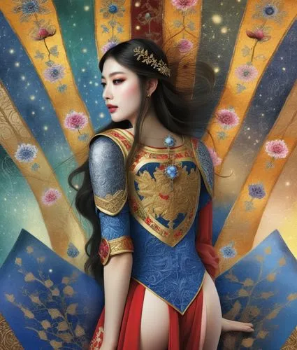 a woman with an ornate blue dress standing next to a mural,wonderwoman,mulan,diaochan,asian costume,darna,yangmei,Illustration,Realistic Fantasy,Realistic Fantasy 42