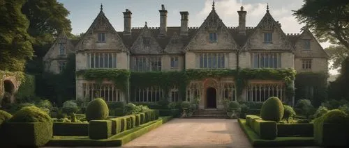 Historic Gloucestershire mansion, grand entrance, stone walls, Gothic architecture, intricate carvings, stained glass windows, ornate doorways, symmetrical facade, lush greenery, overgrown vines, Engl