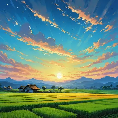 landscape background,rural landscape,rice fields,ricefield,farm background,hokkaido,yamada's rice fields,rice field,farm landscape,the rice field,meadow landscape,wheat field,japan landscape,blooming field,world digital painting,home landscape,studio ghibli,fantasy landscape,horizon,fields,Photography,General,Realistic