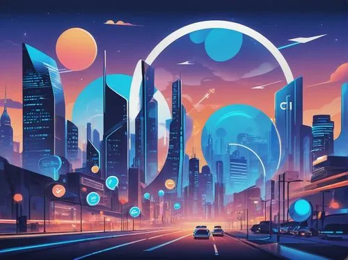 futuristic landscape,cybertown,cybercity,tron,cityzen,fantasy city,metropolis,cities,electronico,polara,cyberworld,futurenet,synth,futuregen,citynet,gas planet,cyberia,futuristic,futurist,city at night,Illustration,Retro,Retro 12