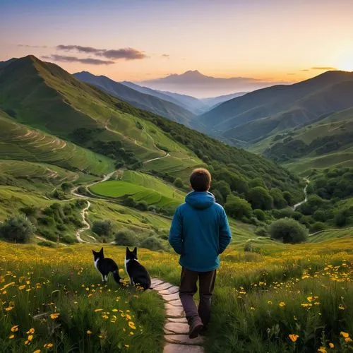 marin county,walking dogs,boy and dog,beautiful landscape,mountain hiking,alpine meadows,dog walker,shepherd dog,hiking path,landscape background,trekking,go for a walk,hikers,shepherding,mountain pasture,ingushetia,mountain meadow,the hills,nature landscape,turopolje,Illustration,Paper based,Paper Based 21