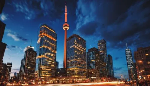 Toronto cityscape, modern architectural design, sleek skyscraper, glass facade, metallic frames, intricate details, downtown area, busy streets, pedestrians walking, cars passing by, streetlights, eve