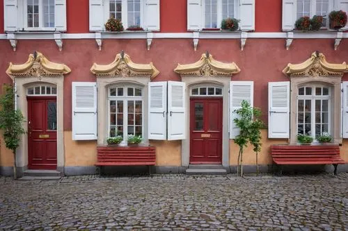 Swedish architecture, Nordic style, wooden building, white walls, red roof tiles, intricate carvings, ornate doors, large windows, flower boxes, rustic benches, cobblestone streets, old town, Gothenbu