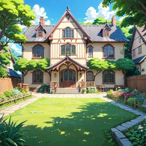 studio ghibli,victorian house,violet evergarden,dandelion hall,witch's house,fairy tale castle,victorian,house in the forest,beautiful home,country estate,mansion,fairytale castle,two story house,large home,country house,private house,treasure house,house painting,house,knight house,Anime,Anime,Traditional