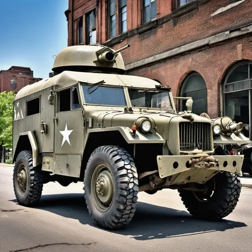 Devastated NYC  WW II M-8 Greyhound  U.S. Light Armored Car, six wheels in action, 
is driving through rough terrain in a suburbian region during WW III,dodge m37,military jeep,military vehicle,medium