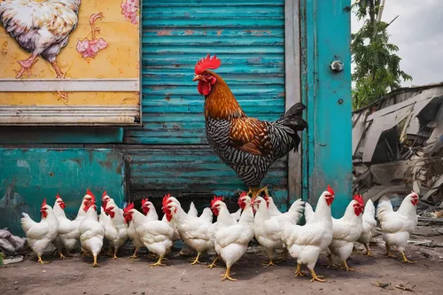 In a dystopian future, write a gritty sci-fi tale where bioengineered chickens possess god-like abilities. #scifi #dystopia,chicken yard,chicken farm,chicken coop door,landfowl,flock of chickens,a chi