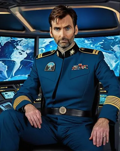 David Tennant, Starfleet captain, mature man, (40yo), Scottish accent, short brown hair, blue eyes, beard, Starfleet uniform, golden command insignia, sitting on captain's chair, USS Enterprise, futur