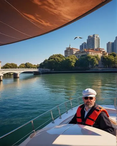 Architecture boat tour, daytime, sunny weather, clear blue sky, calm river water, modern skyscrapers, ancient villas, bridges, romantic ambiance, gentle breeze, seagulls flying overhead, tourists on b