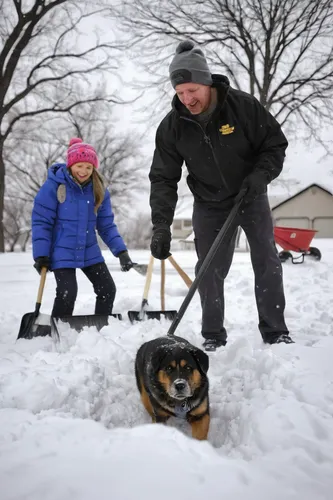 . Lindsay Knutson, left, plays in the heavy snow with her family dog, Aspen, and daughter Flora Bejblik, 4, as her husband Bob Bejblik, rear left, shovels snow on Tuesday, March 5, 2013 in southwest M