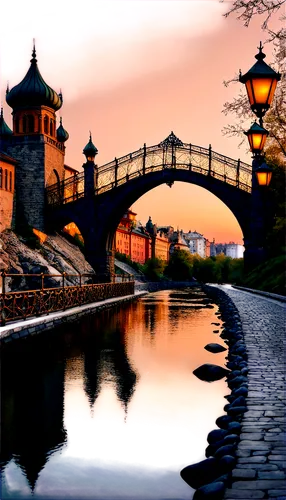 Beautiful bridge, evening scene, golden hour, soft sunset light, river flowing underneath, stone or steel structure, intricate details, arches, towers, suspension cables, pedestrian path, railing, lan