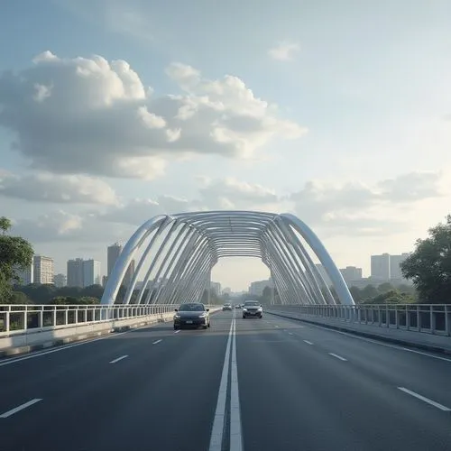 Modern vehicular bridge, minimalistic design, simple curved lines, silver metal material, smooth texture, urban cityscape background, cloudy sky with soft white clouds, 3/4 composition, low-angle shot