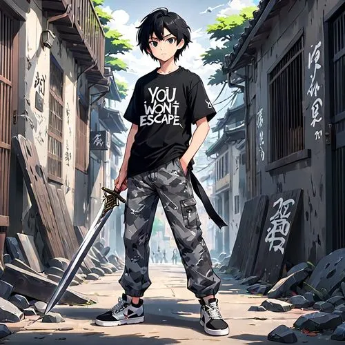 anime japanese clothing,samurai sword,swordsman,anime cartoon,anime 3d,isolated t-shirt,2d,kid hero,anime boy,cartoon ninja,stylish boy,anime,fighting stance,nori,shinobi,world end,cargo pants,yukio,action-adventure game,martial arts uniform,Anime,Anime,Traditional