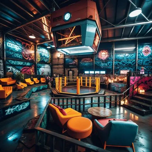 MMA Street fight Club ,retro diner,ufo interior,drive in restaurant,spaceland,spaceship interior,neon coffee,Photography,General,Realistic