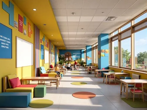 Vibrant elementary school, playful kindergartens, bright corridors, colorful classrooms, educational murals, inspirational quotes, motivational posters, interactive whiteboards, modern furniture, ergo