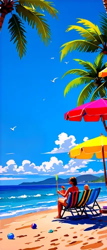 Summer scenery, sunny day, blue sky, white puffy clouds, palm trees swaying gently, beach balls scattered, colorful ice cream carts, kids running with laughter, women in swimsuits lying on towels, men