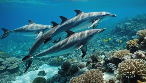 Dolphins swimming at the bottom of the sea full of coral, various fish, ambient light, crystal clear, realistic style – cinematic and realistic, photography.,common dolphins,oceanic dolphins,dolphins 