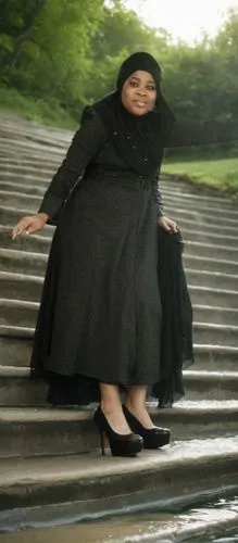 Replace it to the outside landscape stairs with water stairs wear her nice heels,abaya,ewha,abayas,dress walk black,muslim woman,masoumeh,namsan mountain,icon steps,ahlam,khadija,namsan,faten,kurung,h