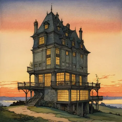 Architectural Illustration,stilt house,house of the sea,dunes house,beach house,stilt houses,house by the water,house silhouette,wooden house,house painting,doll's house,toll house,summer house,frame 