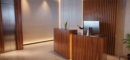 Lobby con acabados de madera, elevadores, personas, ambientación.,modern office,room divider,assay office,consulting room,search interior solutions,offices,contemporary decor,meeting room,interior dec