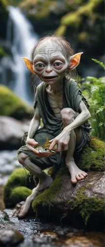 Happy Gollum, slender figure, hunched back, long fingers, toes, messy brown hair, pale skin, big round eyes, sharp teeth, torn clothes, rags, holding fish, sitting on rock, near river, waterfall, mist