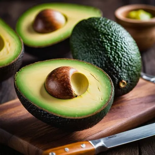 Avocado, green skin, creamy flesh, halved, pit visible, wooden cutting board, rustic kitchen, morning light, warm atmosphere, shallow depth of field, selective focus, soft bokeh, still life compositio