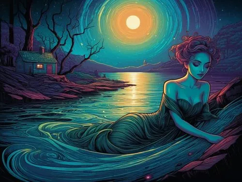 orona,llorona,mermaid background,amphitrite,water nymph,mermaid vectors,dubbeldam,siren,girl on the river,sea night,sirena,digital illustration,blue moon,duenas,aquarius,baoshun,nereid,night scene,digital art,digital artwork,Illustration,Realistic Fantasy,Realistic Fantasy 25