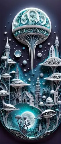 mushroom landscape,ice planet,motherships,alien world,alien planet,ringworld,snow globe,nidularium,technosphere,arcology,tree mushroom,ufology,primosphere,snowglobe,planet alien sky,circumboreal,mothership,ufologist,terraformed,entheogenic,Unique,Paper Cuts,Paper Cuts 09