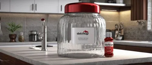 Sketchup bottle, detailed glass texture, rounded shape, red and white color scheme, metallic cap, label with brand name, condiment table setting, modern kitchen, wooden cabinets, stainless steel appli